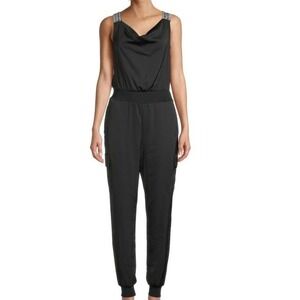 KARL LAGERFELD PARIS Women's 10 Black Spellout Logo Sleeveless Cowlneck Jumpsuit